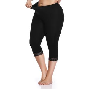Kotii Women's Plus Size Lace Trim Capri Leggings Stretch Crop Leggings Summer Tights Pants (Black, XL)