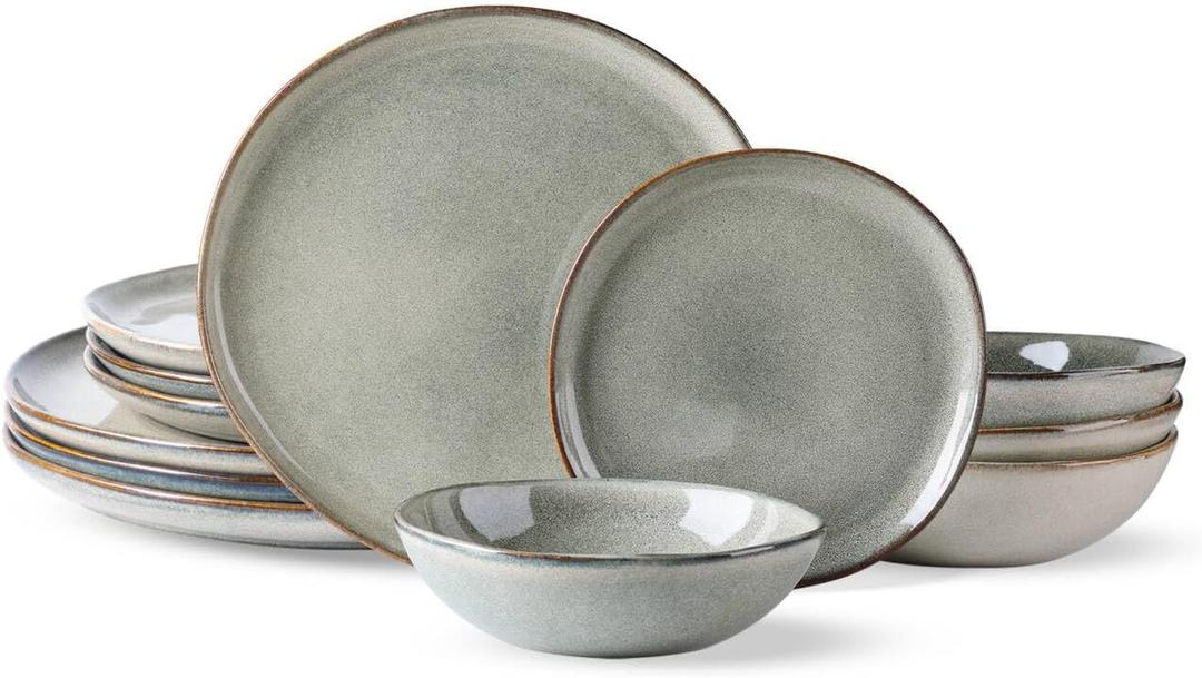 AmorArc Ceramic Dinnerware Sets,Handmade Reactive Glaze Stoneware Plates and Bowls Set,Highly Chip and Crack Resistant | Dishwasher & Microwave Safe Dishes Set,Service for 4 (12pc)