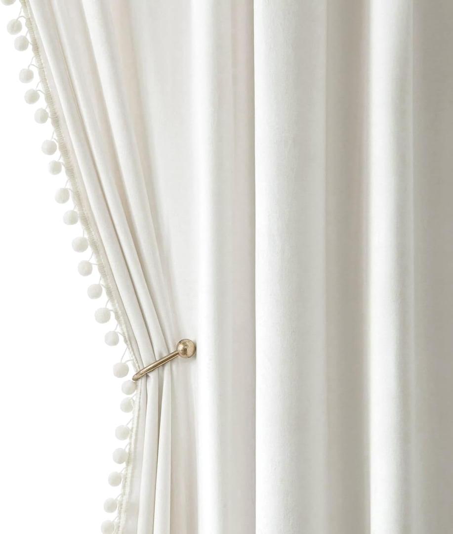 MIULEE Pure White Pom Pom Velvet Curtains for Bedroom/Living Room Darkening Thermal Insulating 84 Inches Long Blackout Curtains with Rod Pocket for Girls Room/Nursery/Home Theater Set of 2