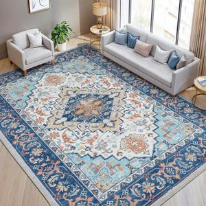Lofus 8x10 Area Rugs for Living Room, Washable Area Rug, Rugs for Bedroom, Kitchen, Vintage Boho Carpet, Soft Non-Slip, Low Pile Large Area Rug for Office Dining Room, Floral Blue