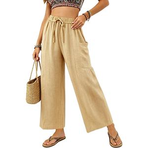 Womens Wide Leg Cropped Pants Drawstring Casual Palazzo Pants Loose Flowy Lounge Trousers with Pockets Apricot (Beige, L)