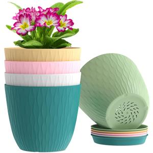 WSMKSZ 6 inch Flower Pots, 5 Pack Plant Pots with Drainage Holes and Saucers for Indoor Plants, Plastic Planters with Water Ripple for Small Garden House Plants, Nursery Pots for Succulent, Colorful