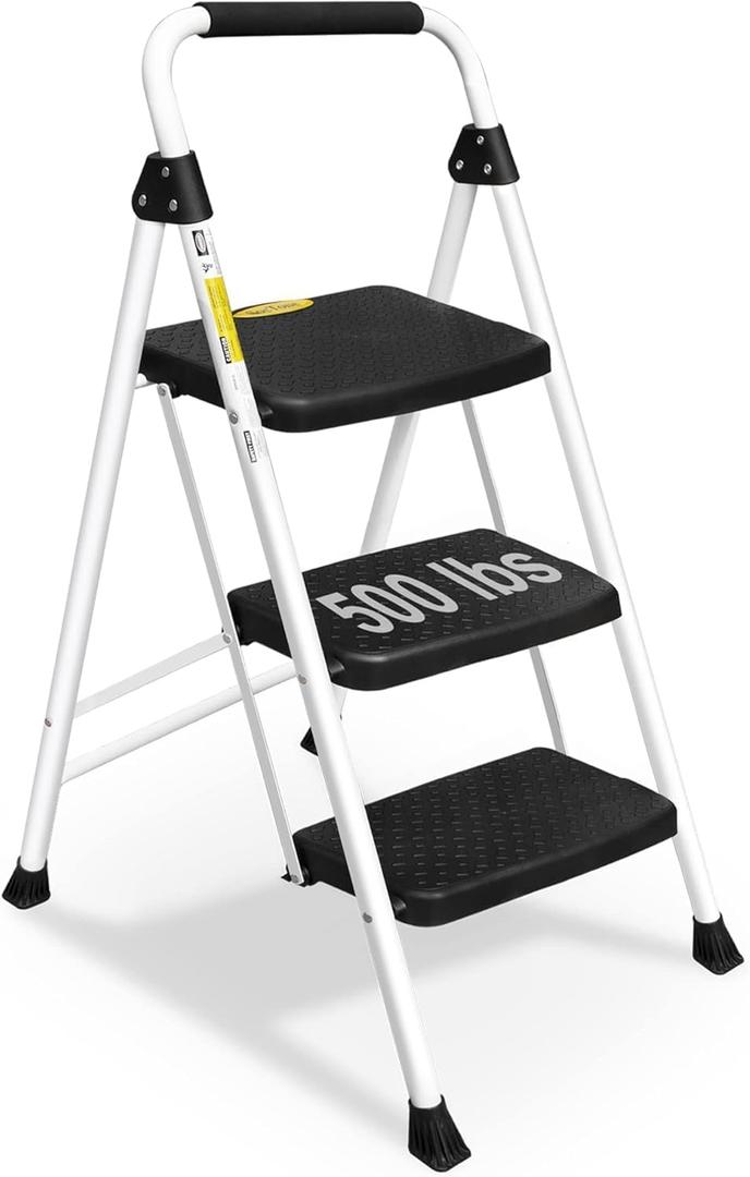 SocTone 3 Step Ladder, Folding Step Stool for Adults with Handle, Lightweight, Perfect for Kitchen& Household, 500lbs Capacity Sturdy Steel Ladder White