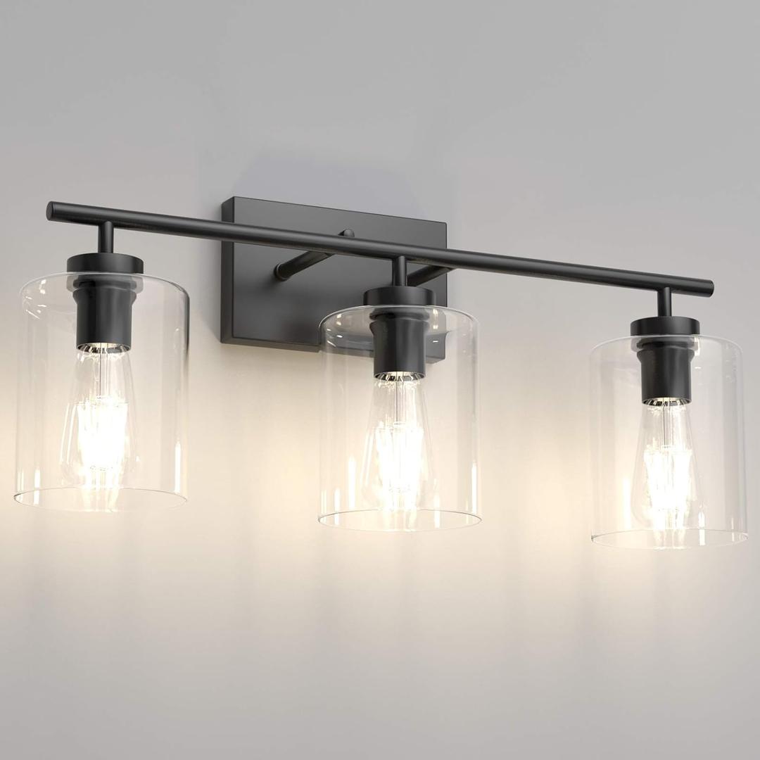 Aipsun 3 Lights Black Vanity Light Fixtures Over Mirror with Clear Glass Shades Industrial Wall Light Fixture for Bathroom(Exclude Bulb) (24.4 inch)