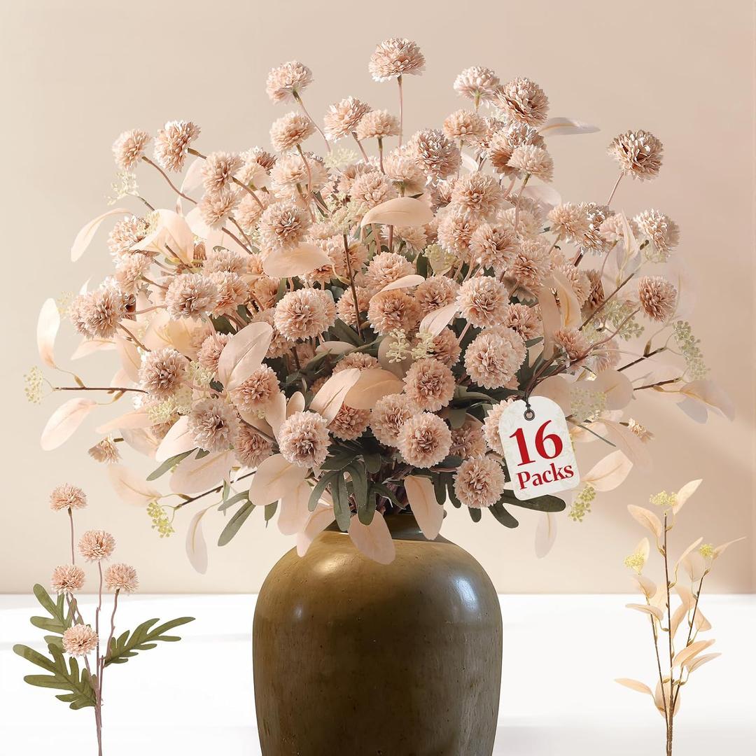 Alupssuc 16PCS Faux Silk Pompon Mums Artificial Flowers with Eucalyptus, Fake Chrysanthemum Floral for DIY Vase Arrangement, Long Stem Dining Table Centerpiece Home Decor, Beige