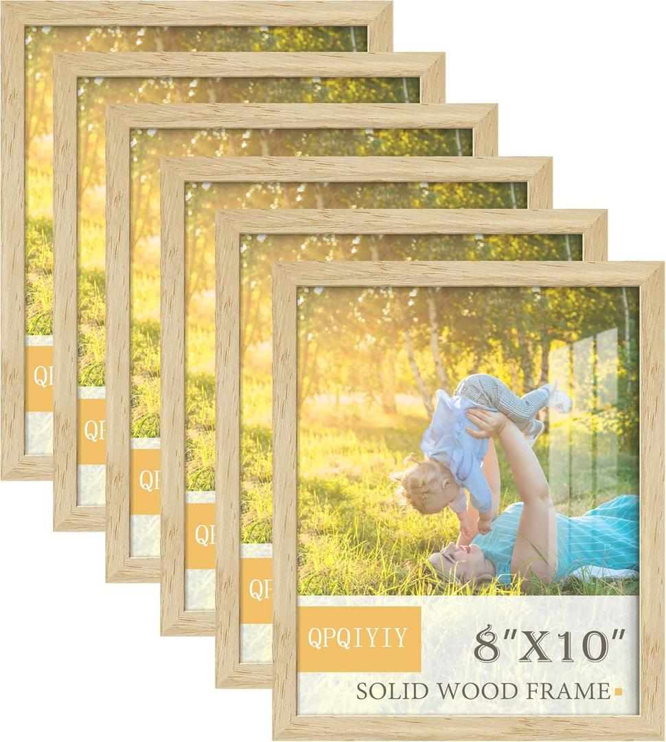 8x10 Picture Frame Set of 6, 100% Solid Wood Photo Frames with HD Shatter-Resistant Plexiglass, Wall Hanging & Tabletop Display, Natural