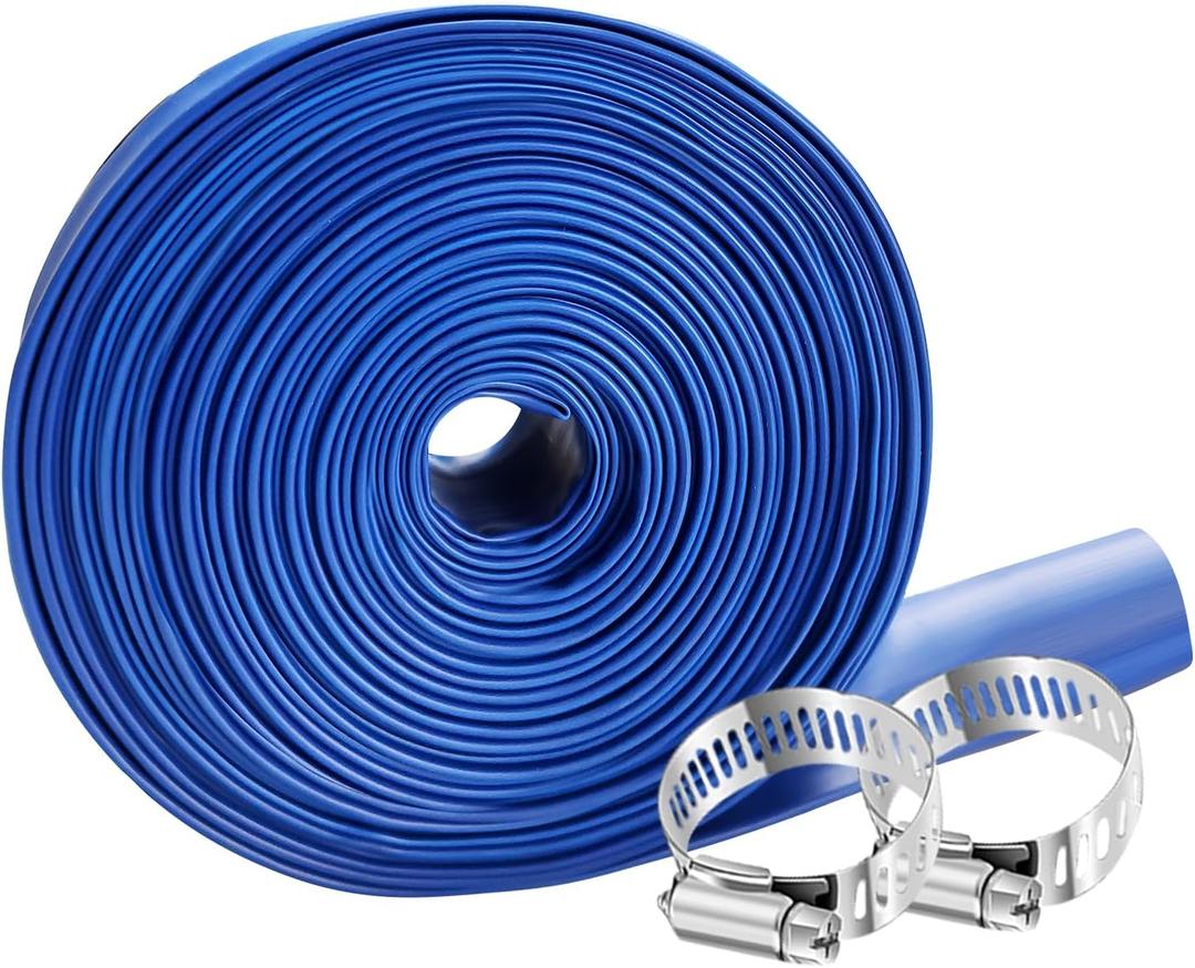PVC HOSE 1-1/2"*100ft, Pool Backwash Hose, Heavy Duty Reinforced Blue PVC Lay Flat Water, For Swimming Drain Pools and Clean Filters, with 2 Clamp (1-1/2"*100ft)