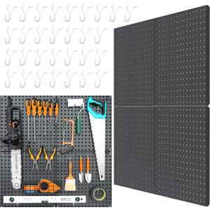 HUHOLE Black Metal Pegboard Wall Organizer 32" x 32" (4 Pack), Heavy Duty Steel Peg Board Panels for Garage, Gaming Setup & Craft Room, Easy Install, Includes 30 Hooks & Mounting Hardware