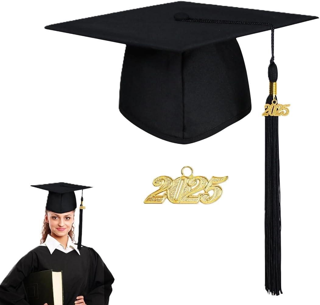FtyFty Unisex Adult Matte Graduation Cap with Tassel Year Charm (One Size, Black), Pack of 2