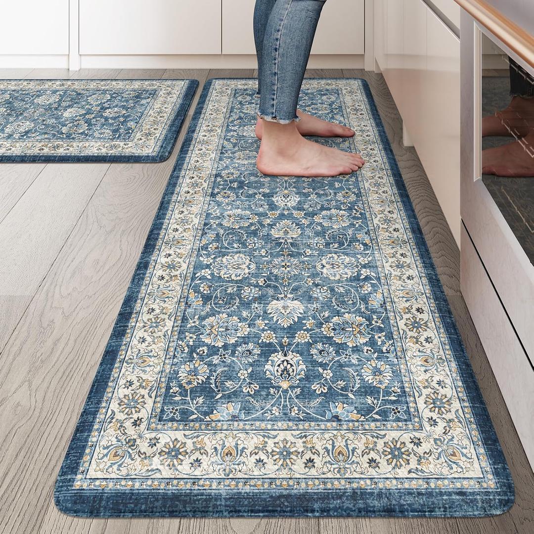 KIMODE Kitchen Mats Cushioned Anti Fatigue, Boho Oriental Kitchen Rugs Sets of 2, Blue Kitchen Mats for Floor, Padded Kitchen Floor Mat, Non Slip Standing Desk Mats for Sink Laundry Office (20" x 47"+20" x 32"--0.47 inches)