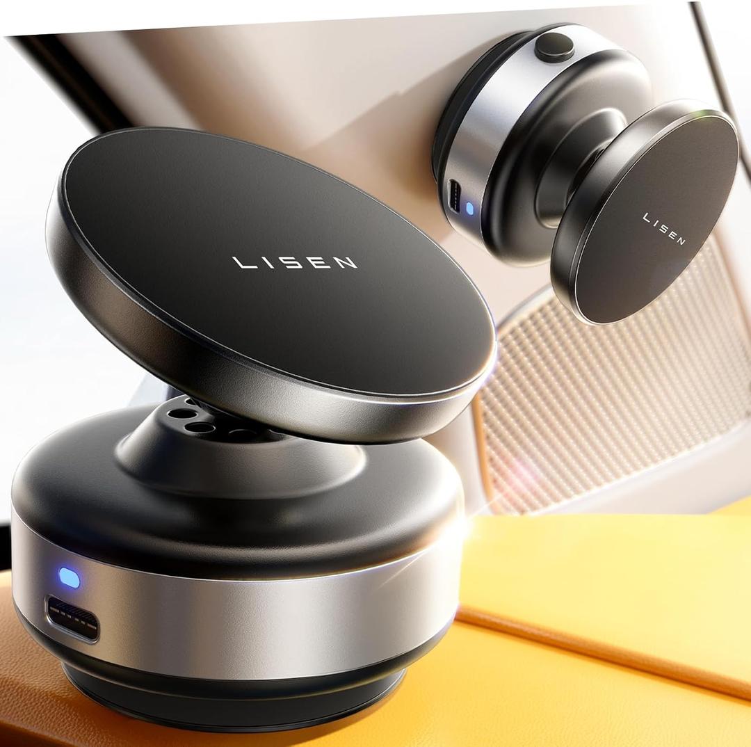 LISEN Suction Phone Mount, Mini Portable Super Stable Electric Vacuum Magnetic Phone Holder, 360 Adjustable Vlogging Travel Multi-Scene Use for iPhone 16e 16 Pro Max 15 14 13 12 (Silver)