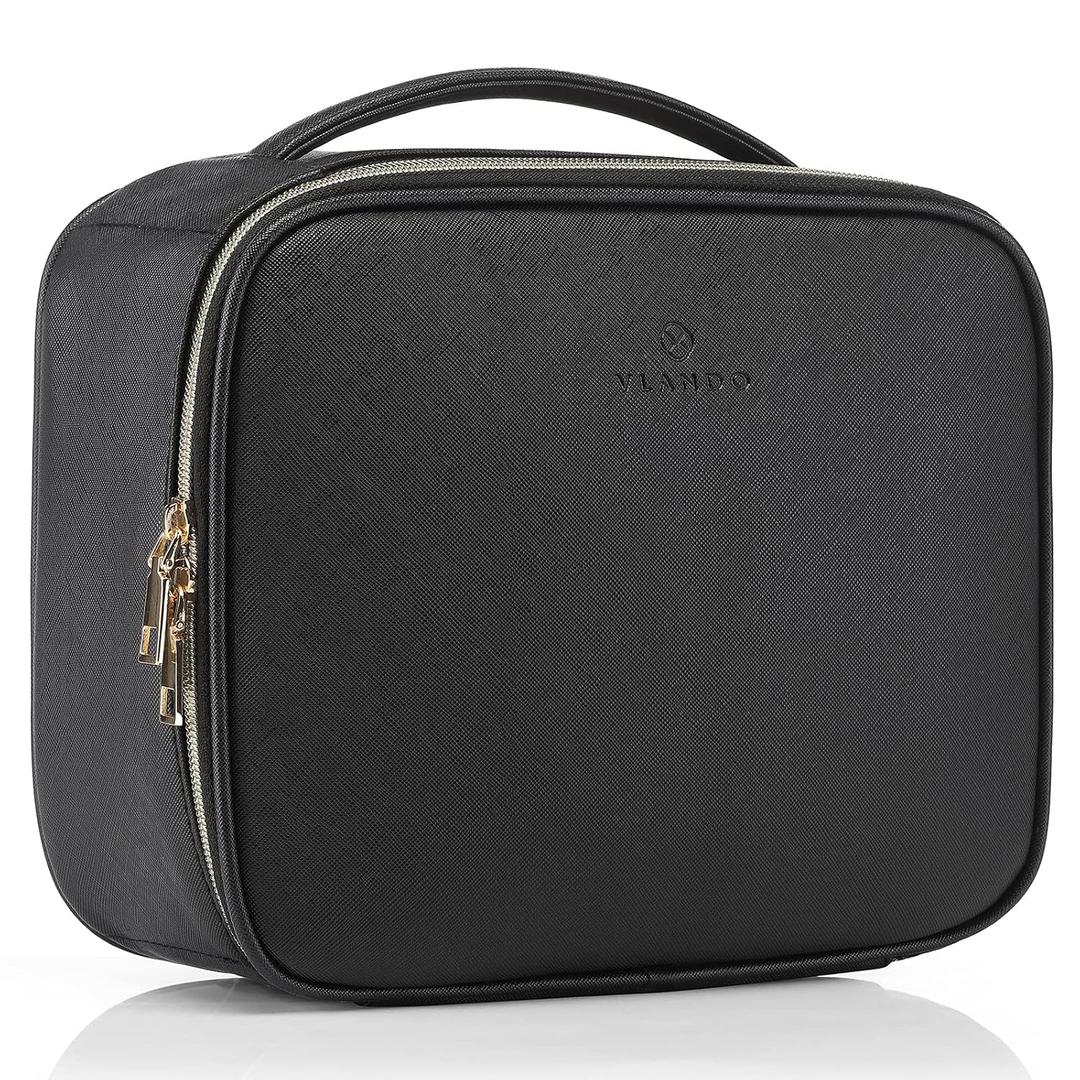 Vlando Medium Makeup Cosmetic Organizer Case Portable Storage Bag with Adjustable Dividers for Makeup Brushes Girls Women Friend Black