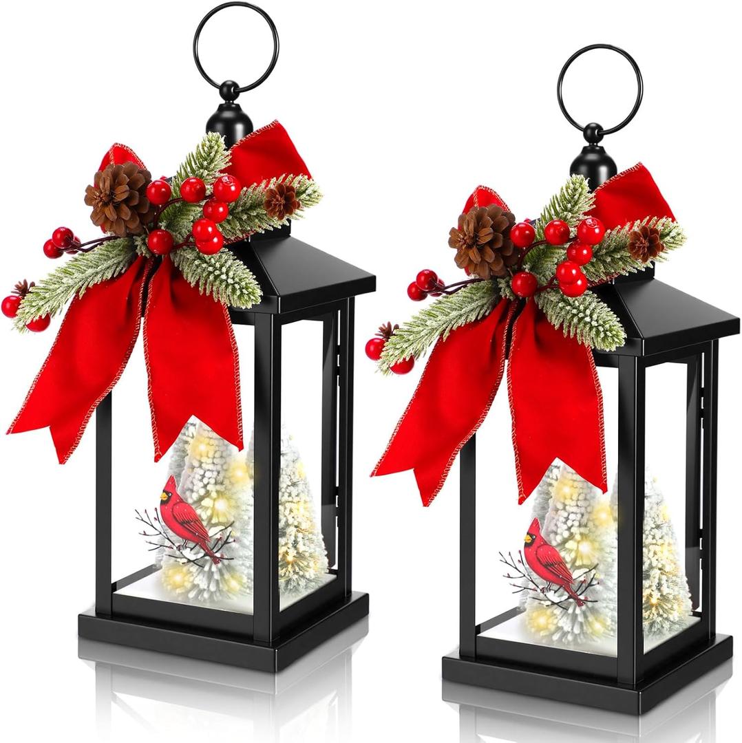 Tuanse 2 Pcs Christmas Decorative Lanterns Metal Christmas Hanging Lighted Lantern Vintage Cardinal Decorative Holiday Decorations Gifts with LED Lights for Indoor Outdoor Home Table Porch
