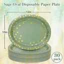 30Pcs Sage Green Paper Plates 10" X 12" Oval Sage Green Party Plates Large Disposable Green Gold Dinnerware for Holiday Birthday Wedding Baby Shower Engagement