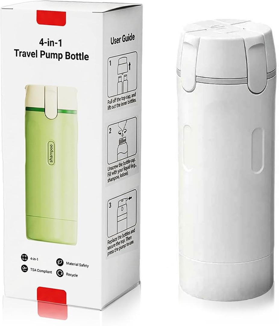 4 in 1 Travel Dispenser Bottles Shampoo Refillable Leak Proof TSA Compliant Size Containers Toiletries Toiletry with Pump Design Portable Organizer Conditioner Lotion Cream Vacation (White)