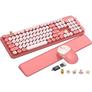 Wireless Keyboard and Mouse Combo, Typewriter Keyboard with Magnetic Wrist Rest, Full-Size Retro Round Keycaps, Smart-Sleep, 2.4GHz Stable Connection for Mac/Windows/PC, Trueque (Blush Pink)