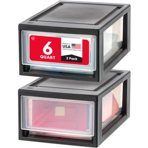 IRIS USA 6 Qt. Plastic Drawer Storage Organizer Stacking Drawers, 2-Pack, Stackable Unit with Sliding Drawer for Bedroom Kitchen Under Sink Pantry Craft Room Bathroom Dorm Office, Black