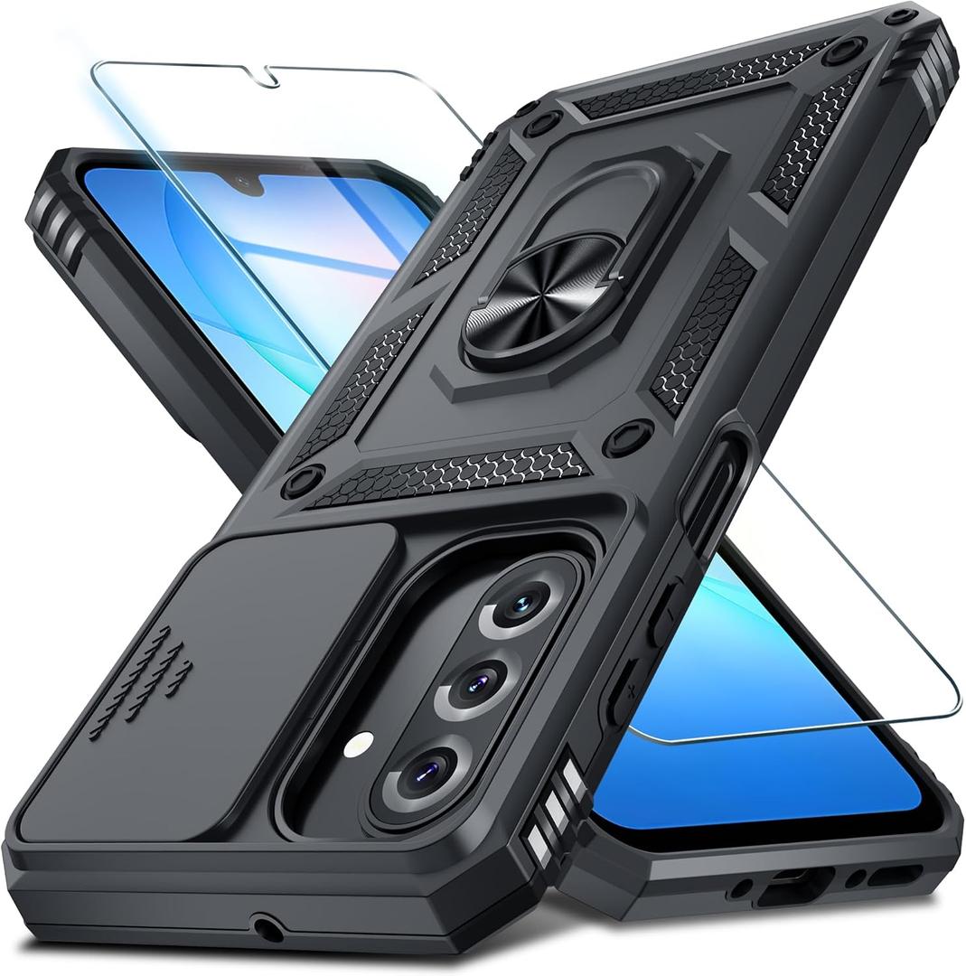 Janmitta Compatible with Samsung Galaxy A17 5G Case Built in Slide Camera Lens Cover+Screen Protector+Finger Ring Holder Kickstand,Heavy Duty Shockproof Full Body Phone Cover,Black