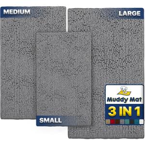 Muddy Mat Pack of 3 Highly Absorbent Microfiber Dog Door Mat and Pet Rug, Non Slip Thick Washable Area Mat Soft Chenille for Kitchen Bathroom Bedroom and Outdoor - Grey Small, Medium & Large