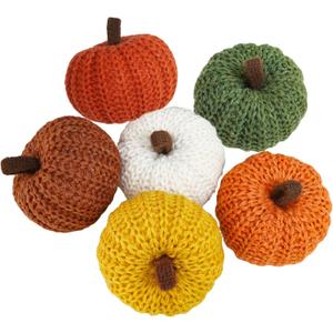 Winlyn Set of 6 Faux Fall Harvest Crochet Pumpkins Small Knit Pumpkins in Orange Yellow Green Brown Cream Rustic Farmhouse Pumpkins Foam Pumpkins for Thanksgiving Halloween Autumn Mantel Table Dcor