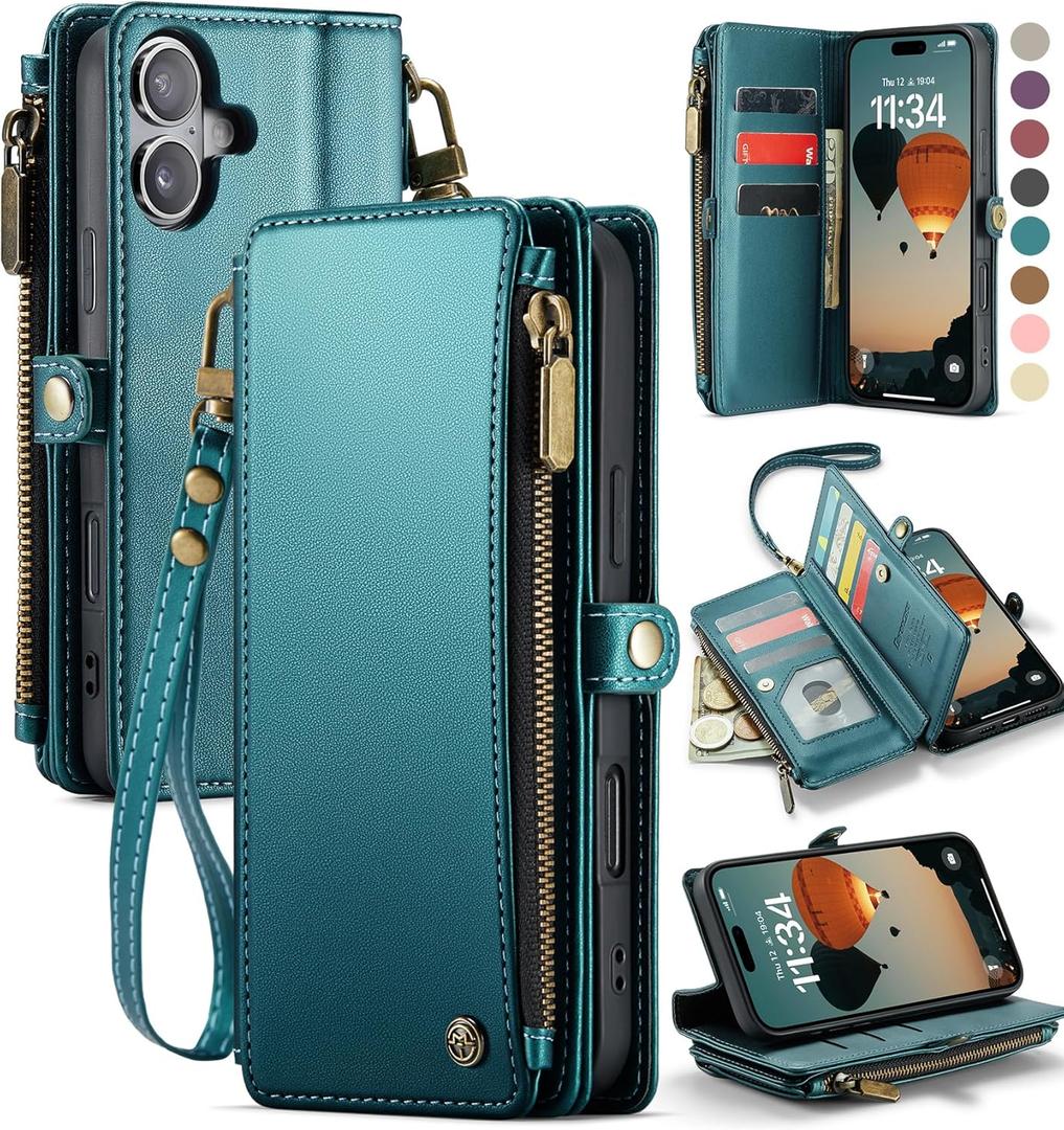 Defencase Compatible with iPhone 16 Plus Case Wallet with RFID Blocking Card Holder for Women Men, PU Leather Magnetic Snap Flip Zipper Strap Wallet Phone Case Fit for iPhone 16 Plus 6.7", Blue Green