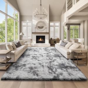 Ophanie Area Rugs 9x12 Living Room, Large Tie-Dyed Grey&White Bedroom Carpet, Big Shag Indoor Thick Soft Nursery Rug, Fluffy Carpets for Boy and Girls Room Dorm Home Decor Aesthetic