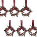 idyllic 6PCS 9-Inch Christmas Mini Wreaths for Kitchen Cabinets - Snowy Cedar Garland with Plaid Ribbon, Red Berry Pine for Holiday Decor