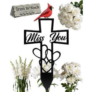 Cemetery Memorial Plaque with Cardinal, Metal Cemetery Memorial Plaque for Remembrance, Garden Decoration Plaque, Plaques Graveyard Sign with Cross Miss You Design