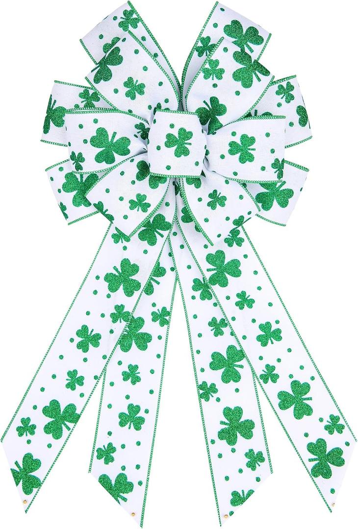 BUVANE St. Patrick's Day Wreath Bow,12 x 20 Inches Large Green Shamrock Irish Holiday Decoration Bow with Streamer Wired Edge Ribbon (White)