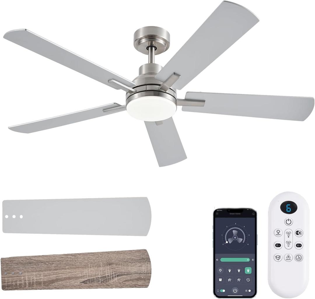 JSAITEE Ceiling Fans with Lights, 52 Inch Low Profile Modern Ceiling Fan with Light and Remote Control, DC Reversible Motor, Noiseless, 3CCT, Dimmable, Nickel 8 Speeds Ceiling Fan for Bedroom Living room
