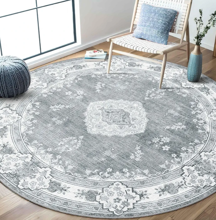 MUJOO Grey Round Rug 6ft,Circle Washable Area Rugs for Bedroom Living Room Bathroom,Boho Large Vintage Bohemian Distressed Farmhouse Non Slip Circular Carpet,Floral