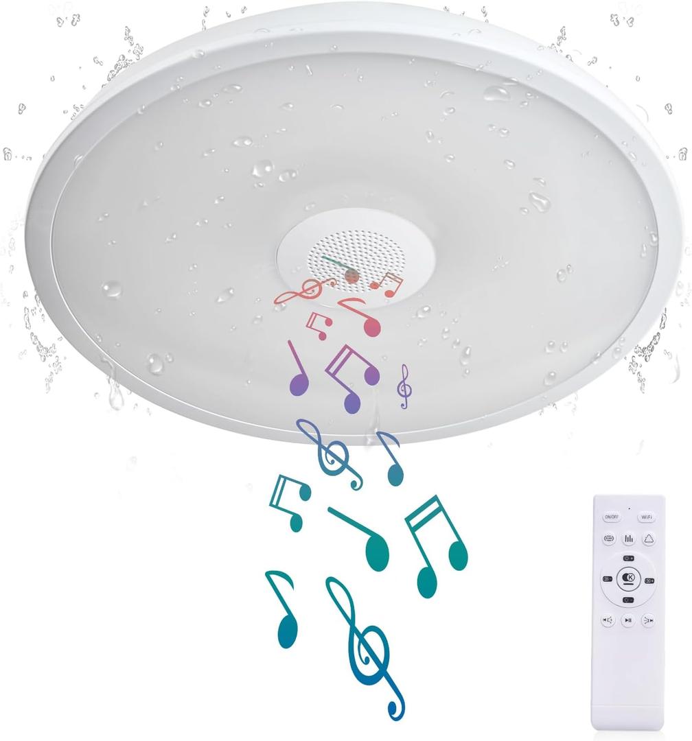 Smart Waterproof LED Flush Mount Ceiling Light Fixture,with Bluetooth Speaker,11 Inch,18 watt,Dimmable Music Lamp,RGB Color Changing Light with Remote Control,for Bathroom,Shower,Bedroom (11 inches, White-Dimming Function+Bluetooth)