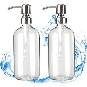 Clear Glass Soap Dispenser - Refillable Liquid Hand Lotion Dispenser for Kitchen Bathroom with Rust Proof Stainless Steel Pump (17OZ/ 500ML) (2 Pack)