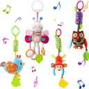 Sealive 4 Piece Baby Stroller Sensory Musical Toys, Soft Rattles Hanging Plush Activity Crib Car Seat Toys for Babies Boy Girl
