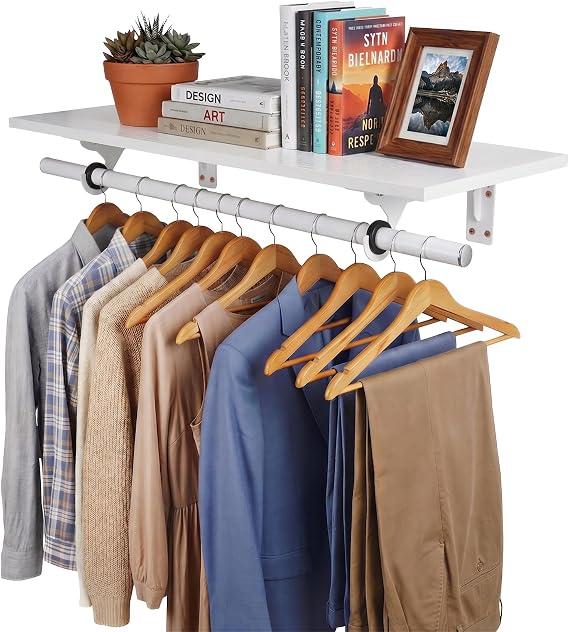 FIRJOY Wall Mounted Clothes Rack, with Top Shelf and Hanging Rod, Heavy Duty (White, 1 PACK 11.8" x 31.4")