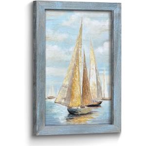 Ocean Nautical Sailboat Wall Art: Rustic Coastal Wooden Framed Sea Boat Seascape Texture Painting Prints Beach Seaside Relaxing Landscape Picture Artwork for Living Room Bedroom Bathroom 24x16 Inch