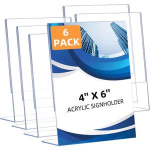 6 Pack Slanted Back Acrylic Sign Holders 4x6 for Business & Store, Tabletop Vertical Sign Holder with AntiSlip Pads Clear Display Stand, for Menus Flyers Documents Office Restaurants Party Decoration
