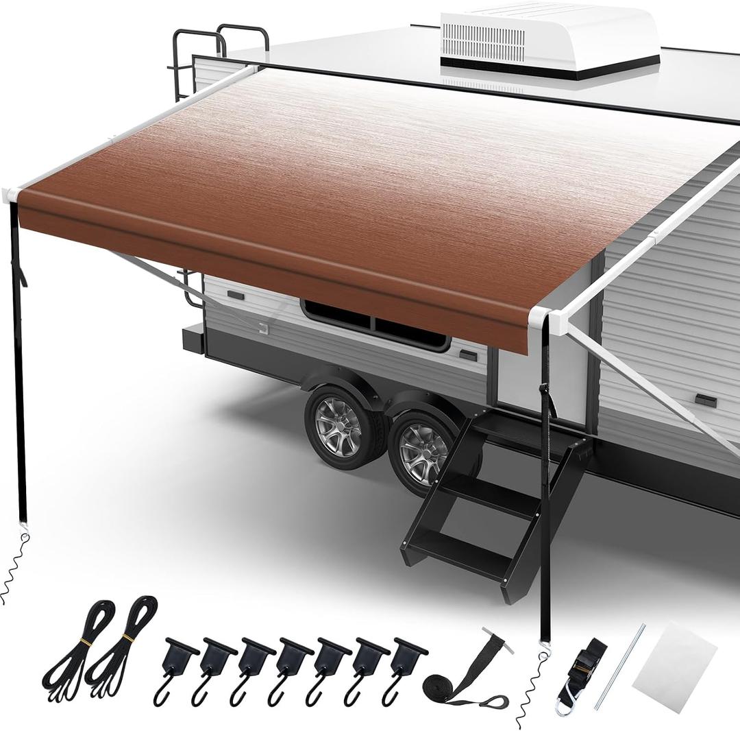 Fonzier RV Awning Fabric Replacement, 19.5oz Heavy Duty Vinyl, with Tie Down Kits & 7 Hooks & Pull Strap for Trailer Camper Awning- 18'(Fabric 17'2"), Sand Brown Fade