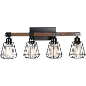 Bathroom Vanity Light Fixture, Rustic 4-Light Wood Wall Light, Industrial Bathroom Lighting Fixture Over Mirror, Modern Matte Black Metal Cage Wall Sconce for Hallway, Kitchen, Bedroom