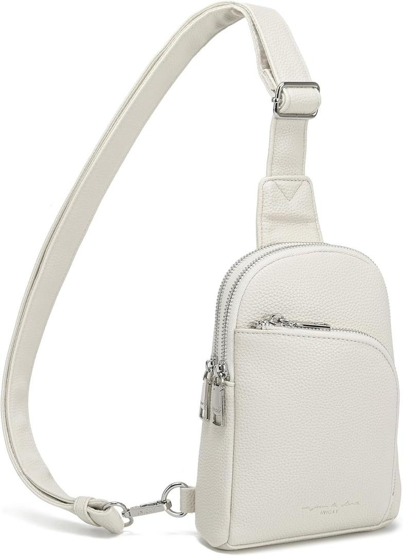 INICAT RFID Blocking Sling Bag Leather Crossbody Bags for Women Fanny Pack Cross Body for Woman Chest Bag for Travel 1.9L (Off-white)