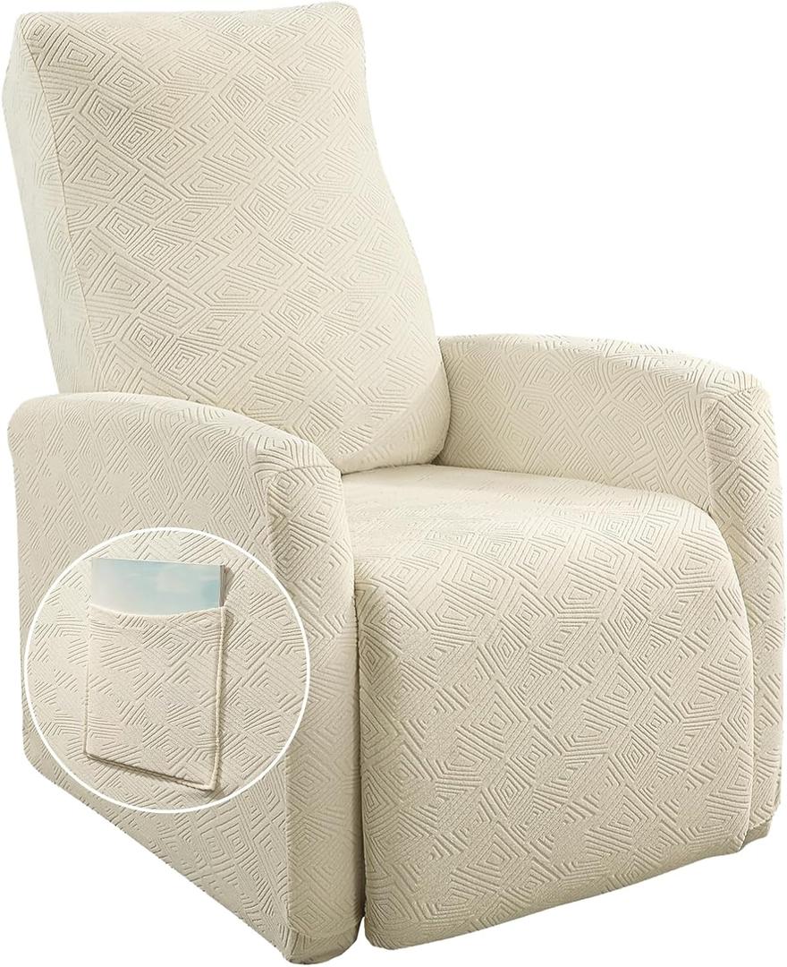 SearchI Recliner Chair Cover Jacquard Chair Covers 4 Piece, Small Recliner Sofa Slipcover for Home Theater Seating with Elastic Bottom, Recliner Protector with Pocket for Recliners, Beige