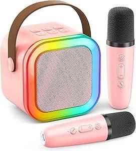 Karaoke Machine for Kids Adults, Portable Bluetooth Mini Karaoke Microphone Singing Speaker with 2 Mic and Light,Toys for All Smartphones,Birthday, Family,Home Party (Pink)