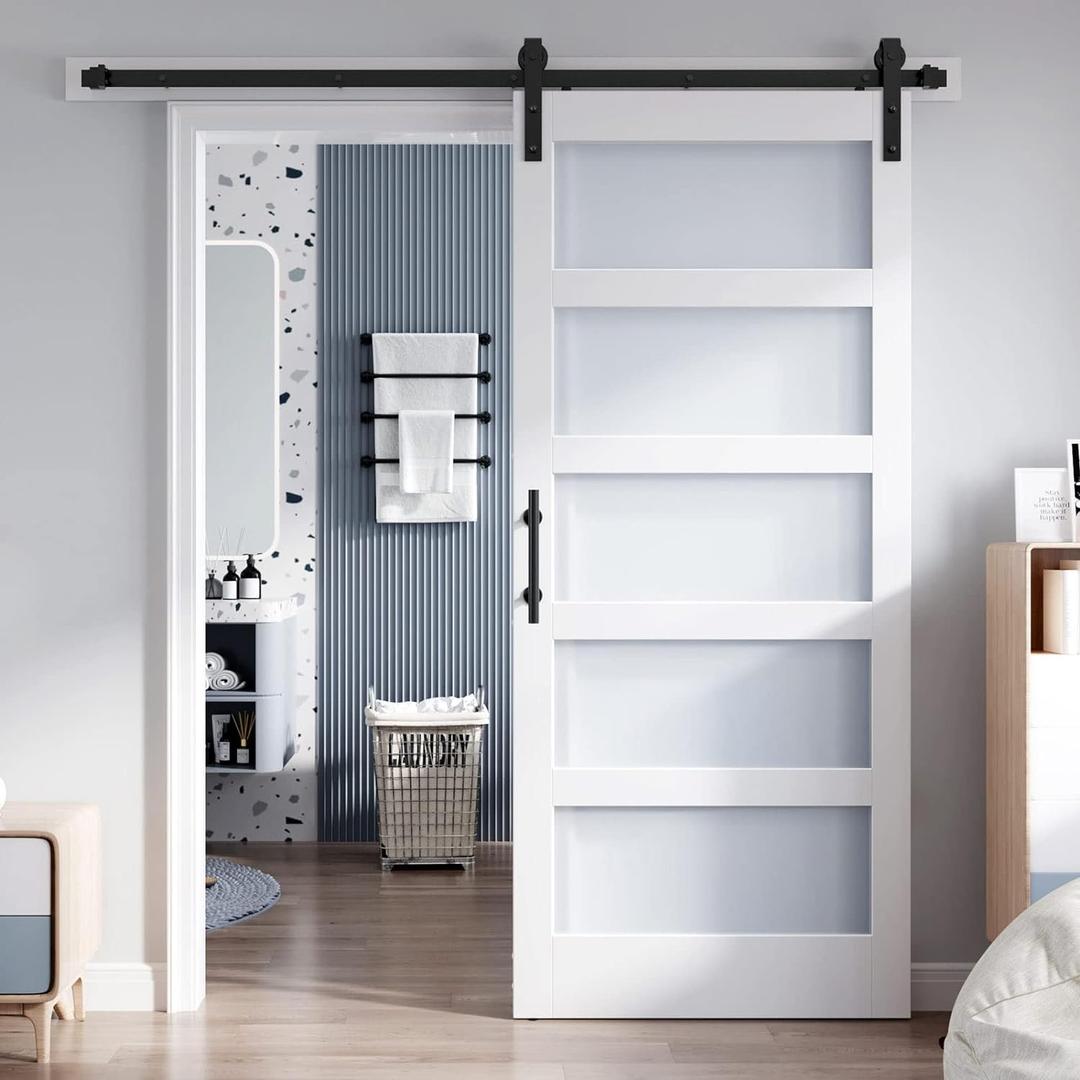 ROYMELO 38x84 Inch Glass Sliding Barn Door Slab and 6.6ft Hardware Kit Included, 5 Frosted Glass, LVL Wood Panel Covered with White Water-Proof Scratch-Proof PVC Surface, Simple DIY Assembly