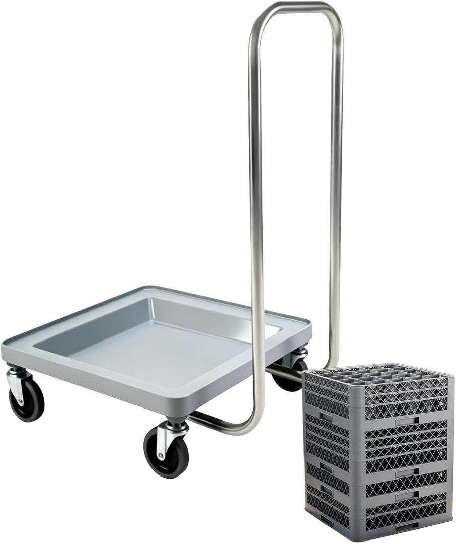 Heavy-Duty Dolly for Dish Rack and Glass Rack, 330 lbs Load Capacity, 31" Foldable Handle, 360 Rotatable Silent Rubber Wheels, Warewashing Rack Dolly for Kitchen and Restaurants