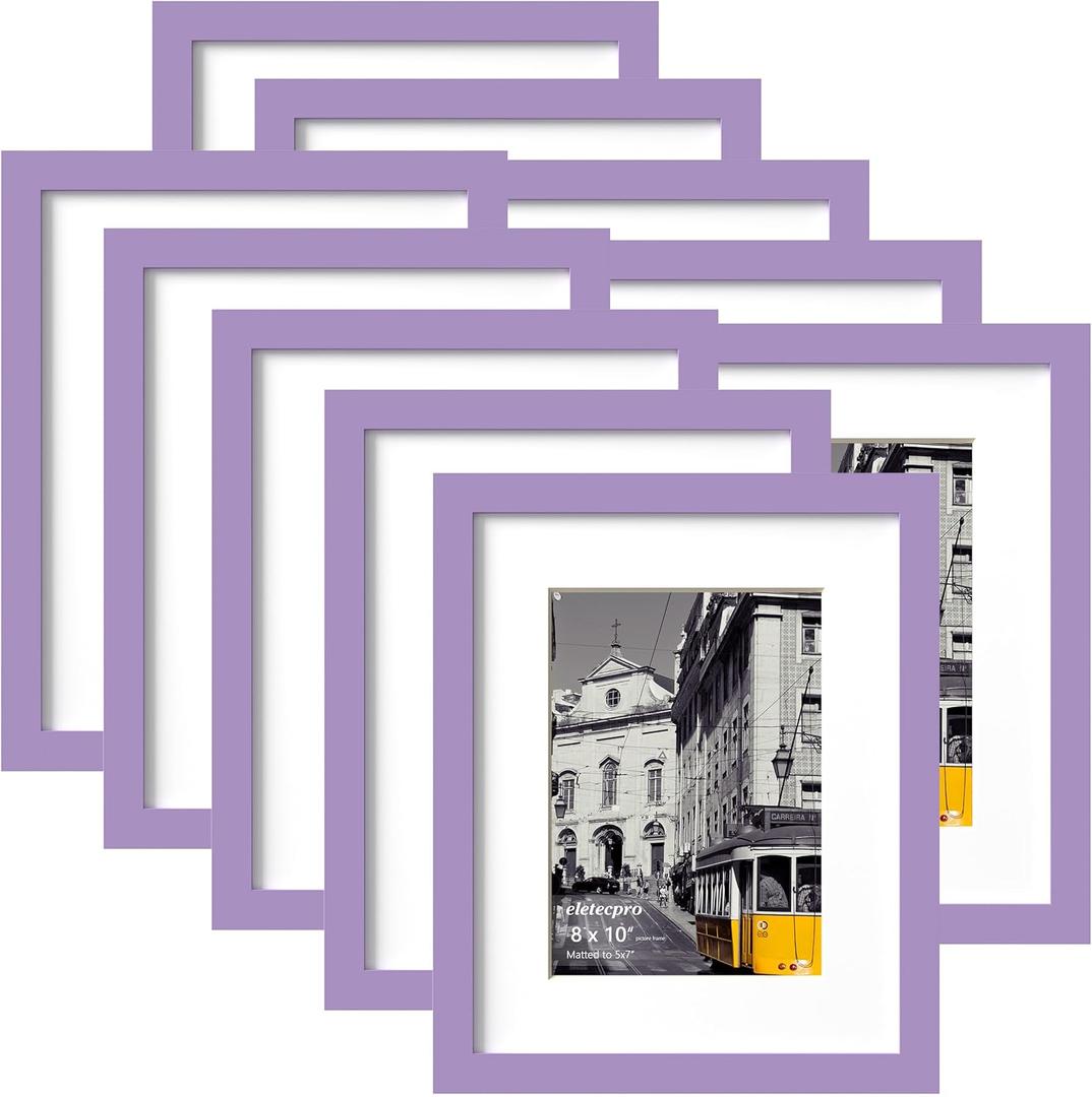 eletecpro 8x10 Picture Frames Set of 10, Picture Frame Collage Wall Decor Display 5x7 Photo With Mat or 8x10 without Mat, Home Decor Gallery Frame for Table Top or Wall Mounting, Purple