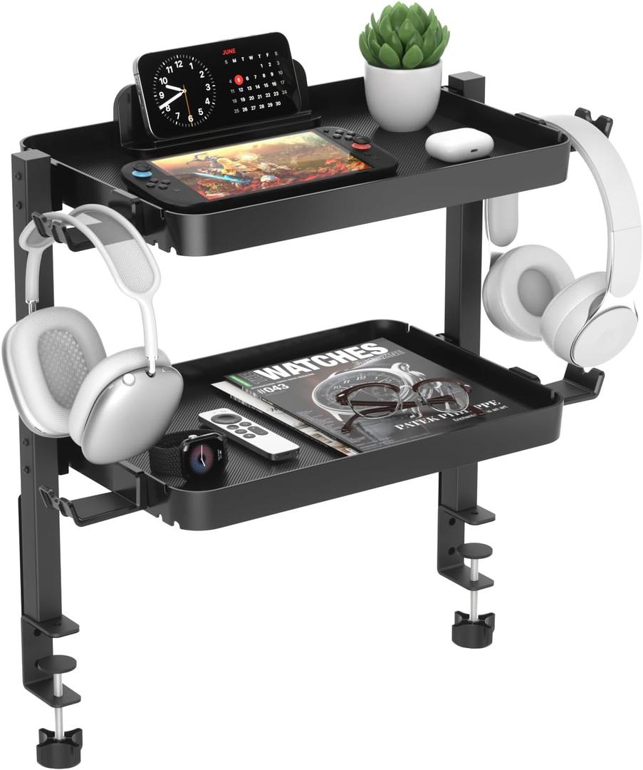 KDD Clamp On Desk Organizer - Adjustable 2-Tier Above or Under Desk Shelves with Large Capacity Tray, Phone & Tablet Holder, Headphone Hook - No Drilling Desktop Storage for Office & Home Accessories, Black