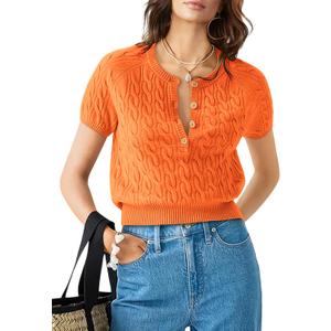 Yousify Summer Tops for Women 2024 Round Neck Short Sleeve Tunics Fashion Trendy Orange S