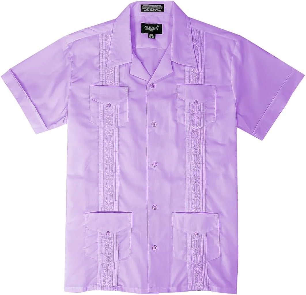 Kids Boys Guayabera Short Sleeve Cuban Shirt Wedding Beach Baptism-Juniors (Medium, Lilac)
