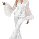 OYOANGLE Women's 2 Piece Pajama Set Satin Contrast Mesh Feather Trim Silk Long Sleeve Belted Top and Pants Lounge Sets White Large