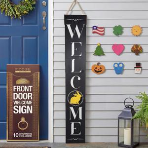 DECOLURE Welcome Sign for Front Porch - Tall Solid Wood Porch Door Sign with 10 Magnetic Seasonal & Holiday Pieces, Rustic Farmhouse Outdoor Decor for Year Round Welcoming Entryway (Porch Black), 50 inches